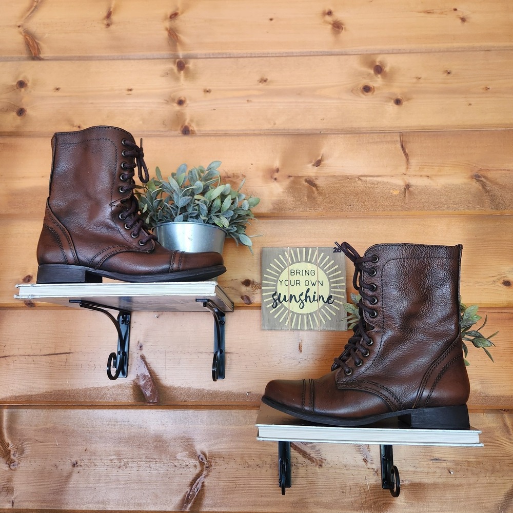 Steve Madden Troopa Boots Brown Leather Mid-Calf Combat Zip Moto Cap Toe Sz 7.5M
